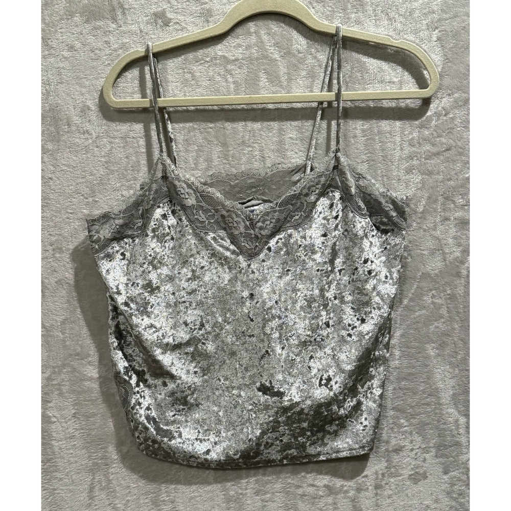 Valleygirl Silver Velvet Cami Tank Top Lace Trim Sleeveless Shirt Size L‎
